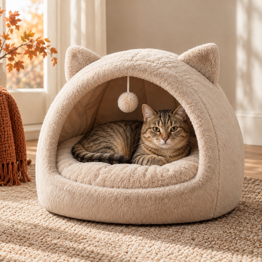 Chat installé dans le nid douillet Nest couleur beige