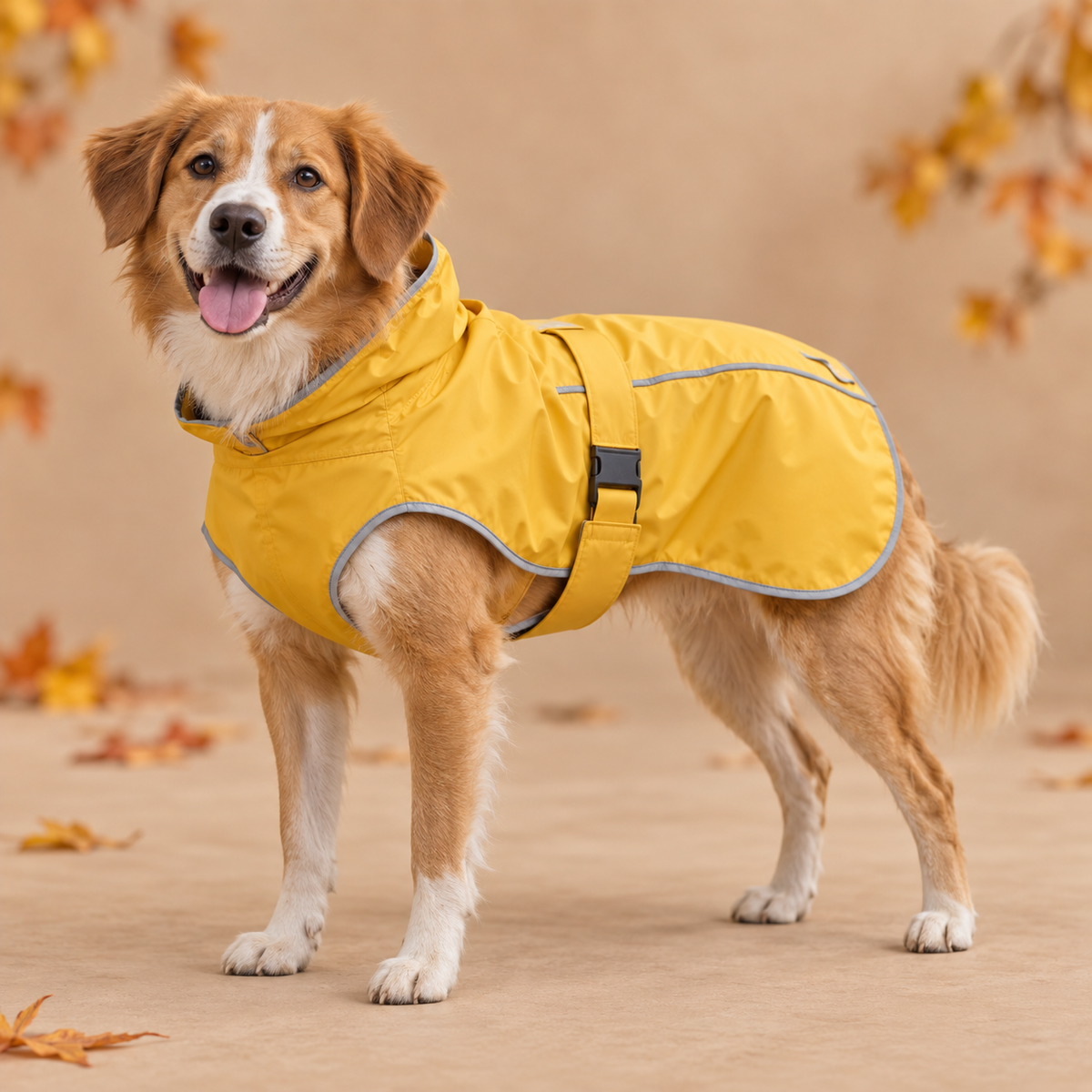 Chien portant l’imperméable réfléchissant Noro couleur moutarde