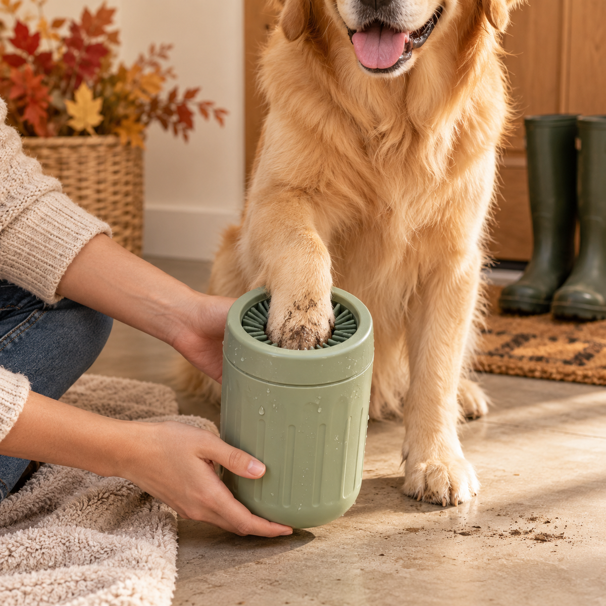 Nettoyage d’une patte de chien avec le nettoyeur PurePattes vert sauge