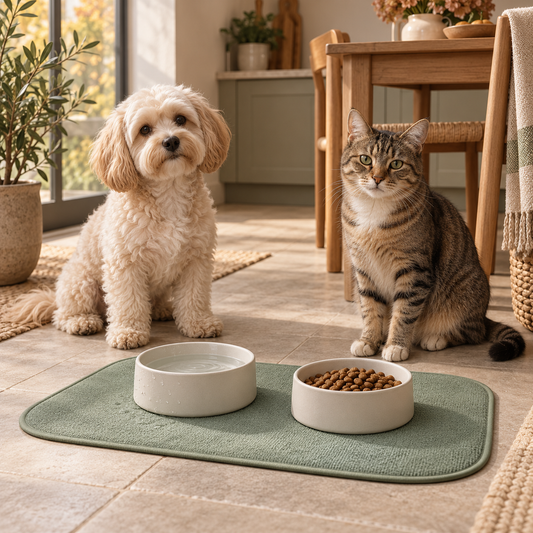 Chien et chat devant deux gamelles posées sur le tapis absorbant Sauge