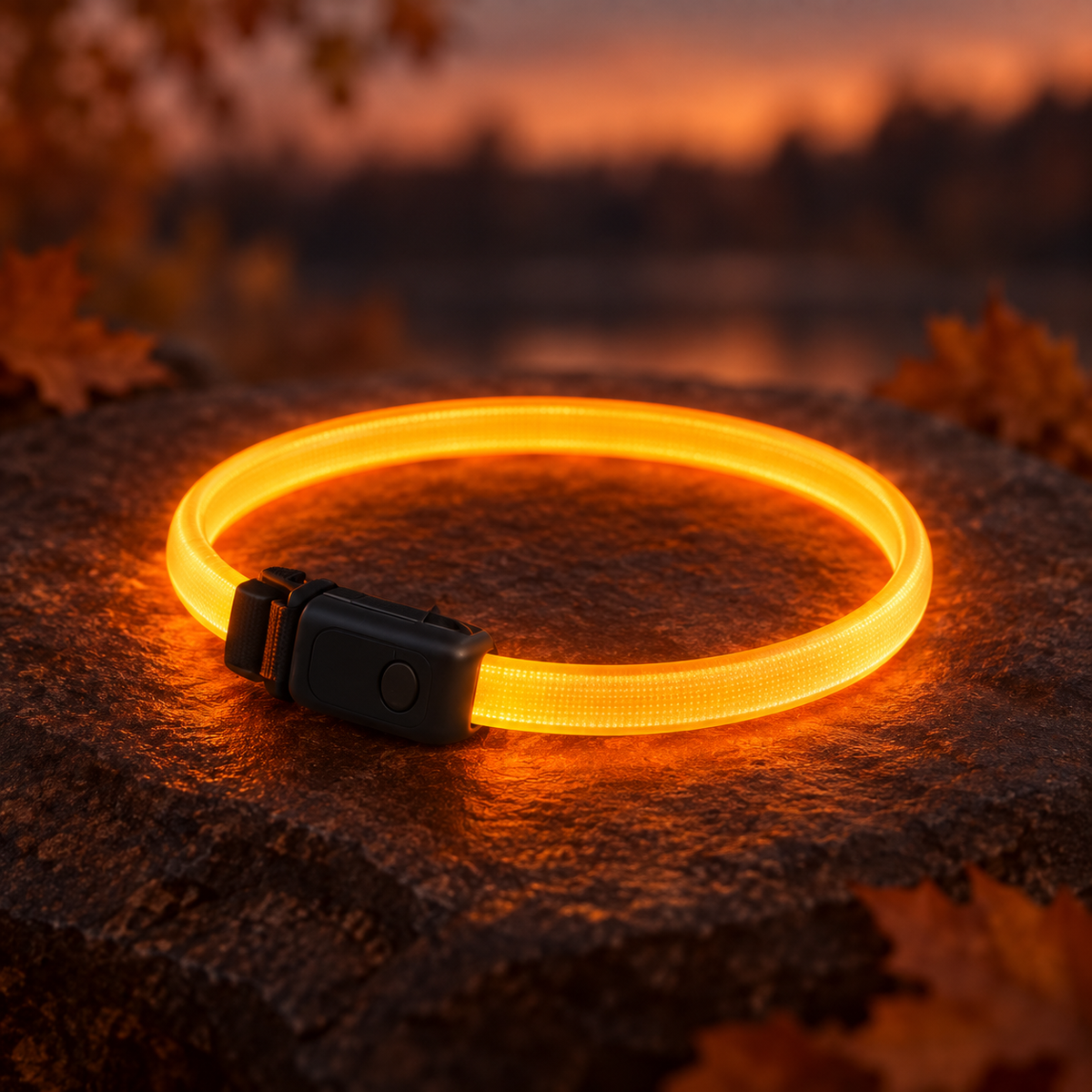 Collier LED Luma allumé et présenté seul dans la pénombre